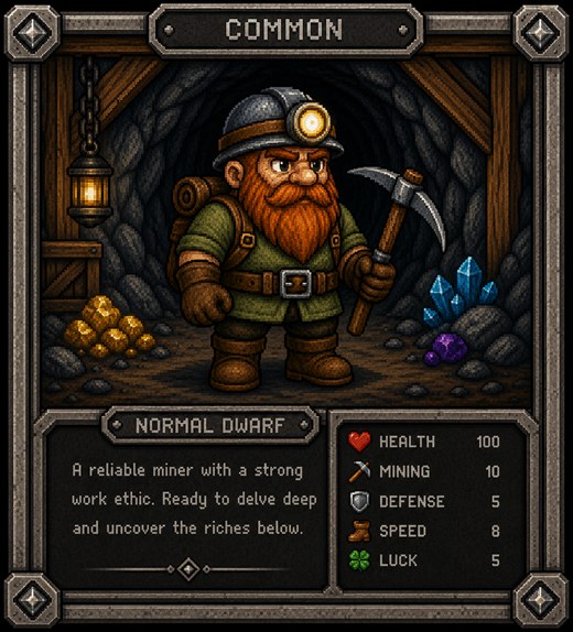 Common dwarf card, the Normal Dwarf: a red-bearded miner in a green tunic with a lamp helmet and pickaxe.